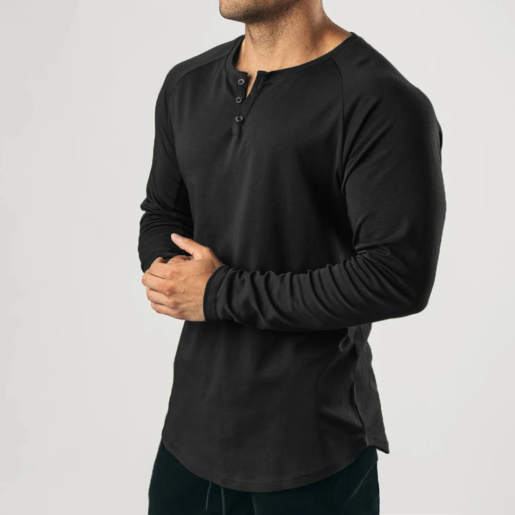 Модная популярная новая футболка Henley Grandad однотонная тренировочная майка с V-образным вырезом топы 5% спандекс рубашки с пуговицами