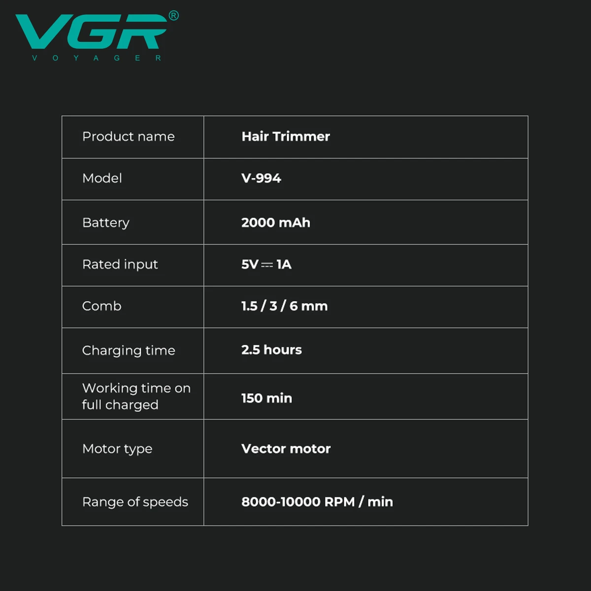 Фото VGR Триммеры для волос Профессиональные Горячая распродажа Триммер для тела Векторный двигатель 10000 об/мин Машинки для стрижки волос Лучшие Аккумуляторные машинки для стрижки Лидер продаж Триммер для мужчин V-994 №4