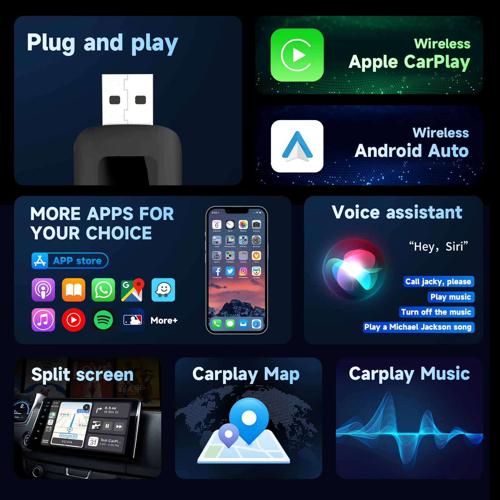 Фото Автомобильная приставка CarPlay и Android, проводной и беспроводной ключ для Audi, Toyota, Mazda, Nissan, Chevrolet, Suzuki, Subaru, Kia, Ford, Opel, Skoda №2