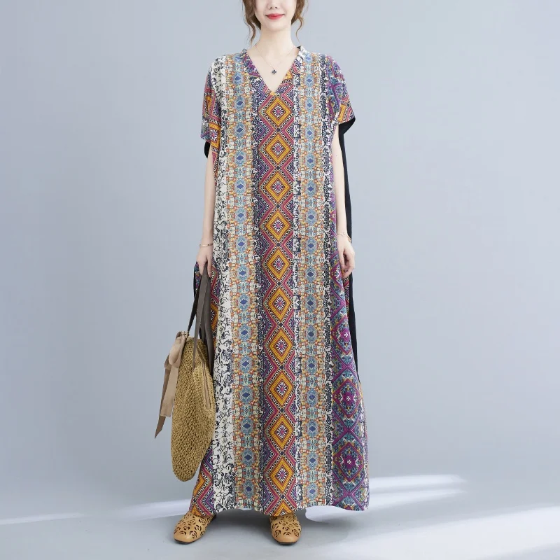 Фото Женский кафтан Baju Kelawar, батик, стиль ретро, длинное хлопковое льняное платье свободного покроя с V-образным вырезом и коротким рукавом №5