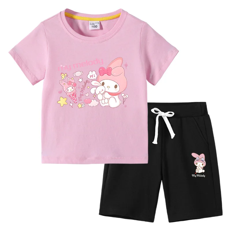 Kawaii аниме Sanrios детская футболка Летняя одежда Симпатичный мультфильм Mymelody хлопковый топ с коротким рукавом и брюки костюм из двух частей