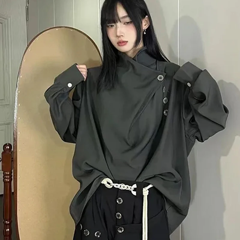 Фото Harajuku Y2K однотонная блузка женская с длинным рукавом свободная рубашка Yohji Yamamoto асимметричный Хэллоуин ленивый хип-хоп черный топ №2