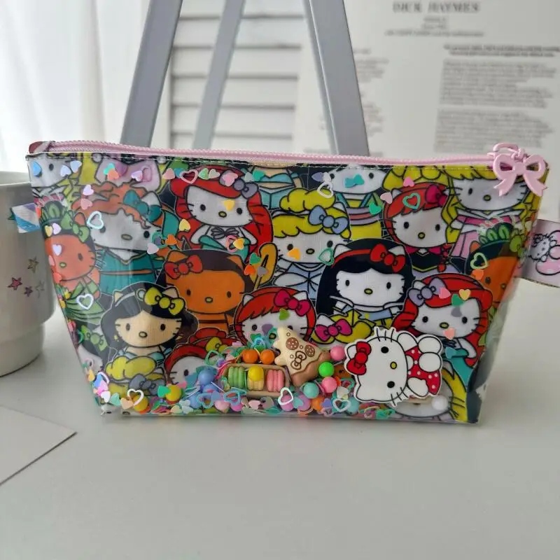 Фото Sanrio Hello Kitty ПВХ зыбучие пески прозрачный Diy бисер девушка удостоверение личности банковская карта сумка для хранения губная помада косметичка Рождественский подарок №3