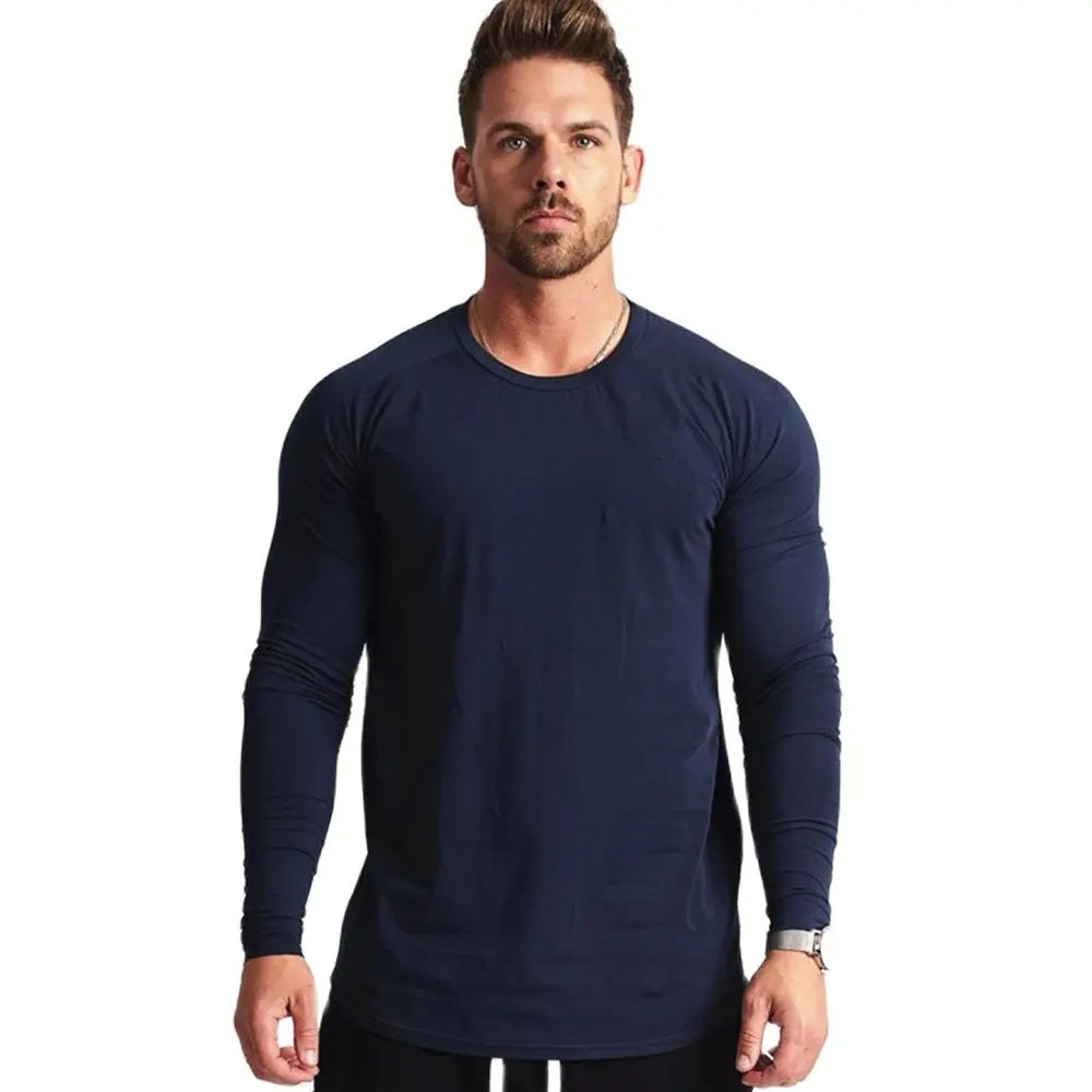 Kaus Lengan Panjang Kasual Solid Kaus Katun Ramping Fitness Gym Pria Atasan Kaus Leher-o Hitam Olahraga Musim gur Pria