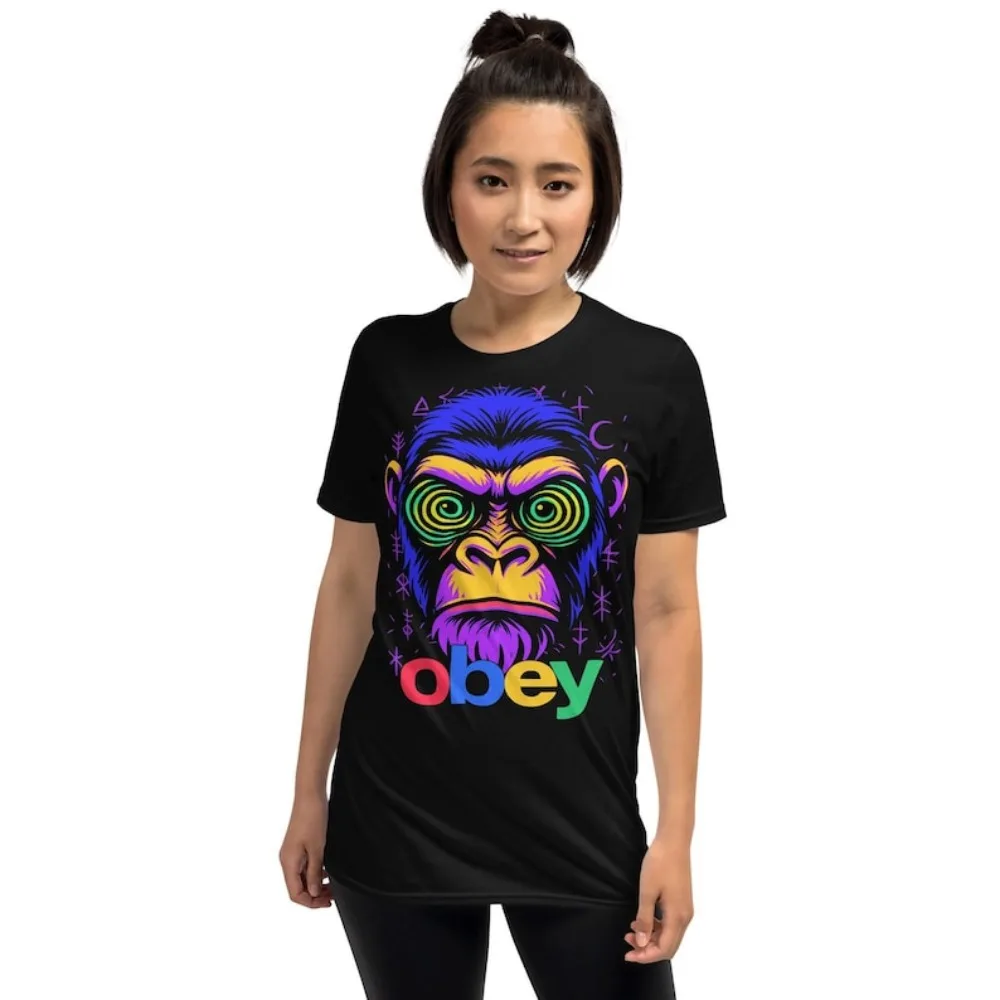Футболка с психоделической гориллой, неоновая рубашка Obey, гипнотическая спиральная одежда с глазами, уличная футболка с рисунком, контроль разума, пародия, искусство