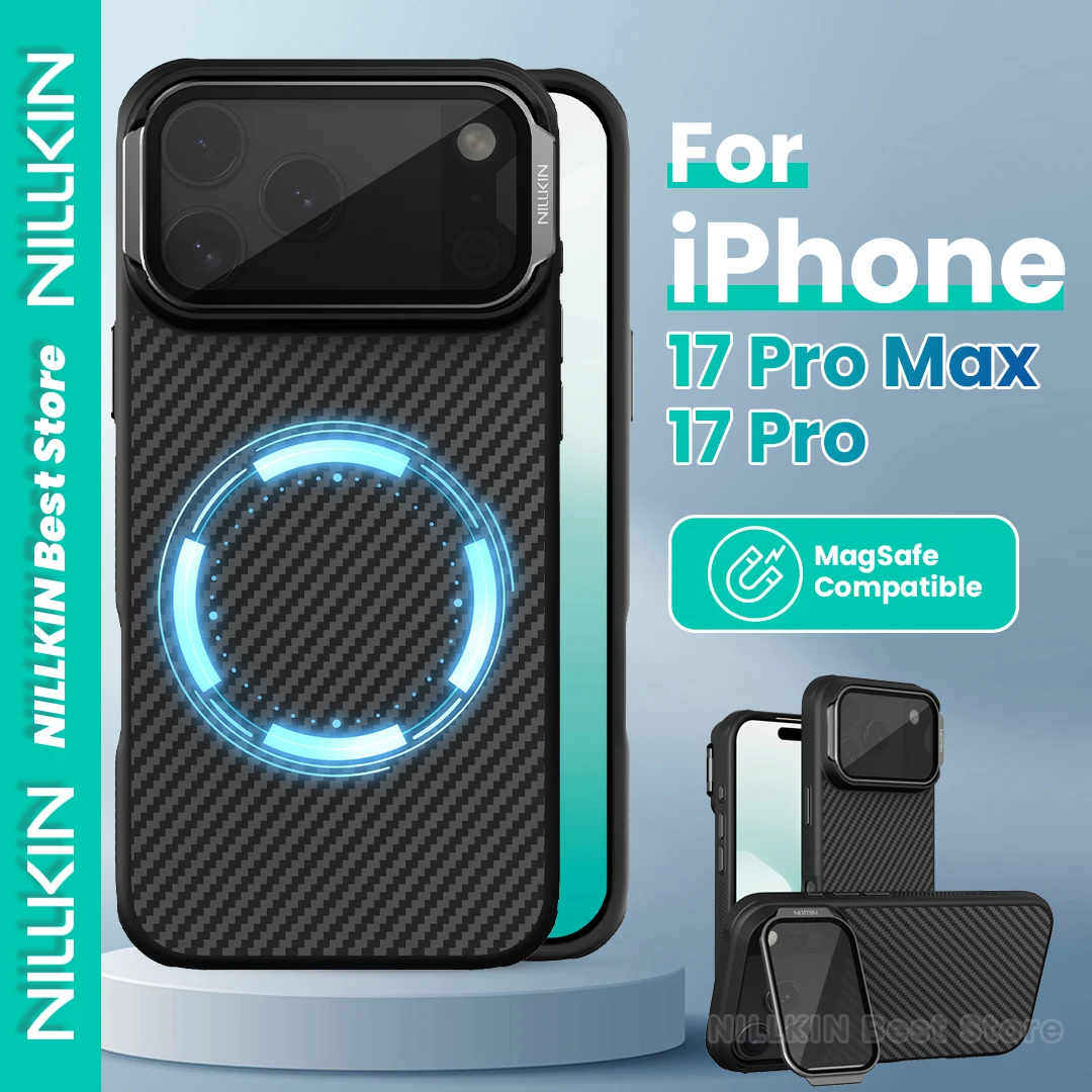 Магнитный чехол NILLKIN 1500D из арамидного волокна для Iphone 17 Pro Max/Iphone 17 Pro, прозрачный черный колпачок для объектива, подставка, кевларовый чехол