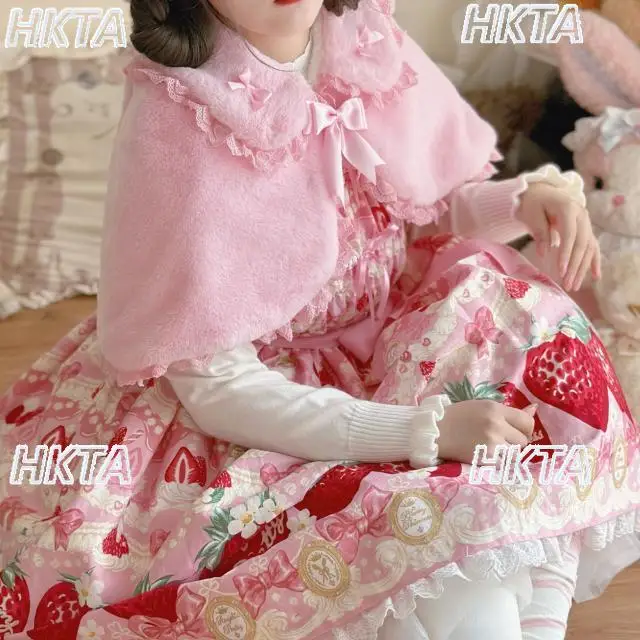 Фото Короткие куртки Kawaii Lolita, топы, женские милые осенние новые кукольные воротники с кружевным бантом, розовые шерстяные накидки, пальто для женщин №3