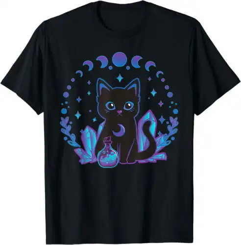 Футболка с изображением милой чёрной кошки из страз алхимии Kawaii Pastel Goth