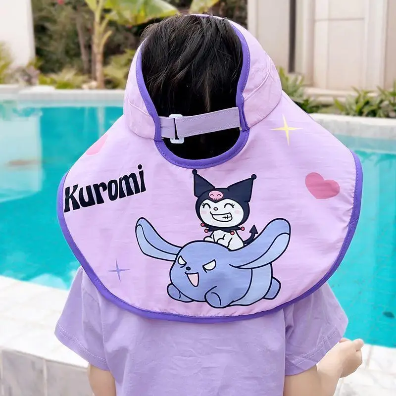 Фото Sanrio Kuromi летняя тонкая шляпа с большими полями 30+ защита от солнца УФ-защита шеи шаль защита детская комфортная рыбацкая шляпа от солнца №4