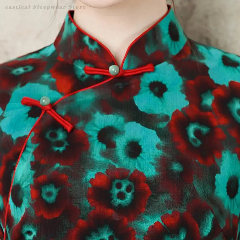 Фото Новый улучшенный Cheongsam в китайском стиле, зеленая картина маслом, традиционное платье, летняя винтажная новинка, вечернее платье Ципао 3XL №5