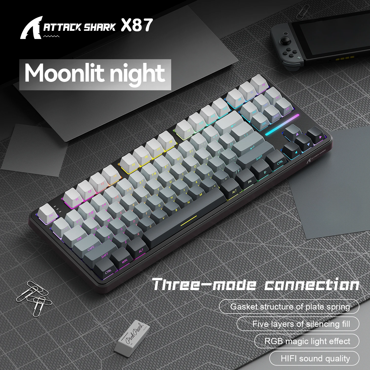 Attack Shark X87 Беспроводная Игровая Клавиатура, Прокладка, RGB Подсветка, Горячая Замена, 3-Режимное Соединение, Большая Батарея, Компактное TKL Расположение