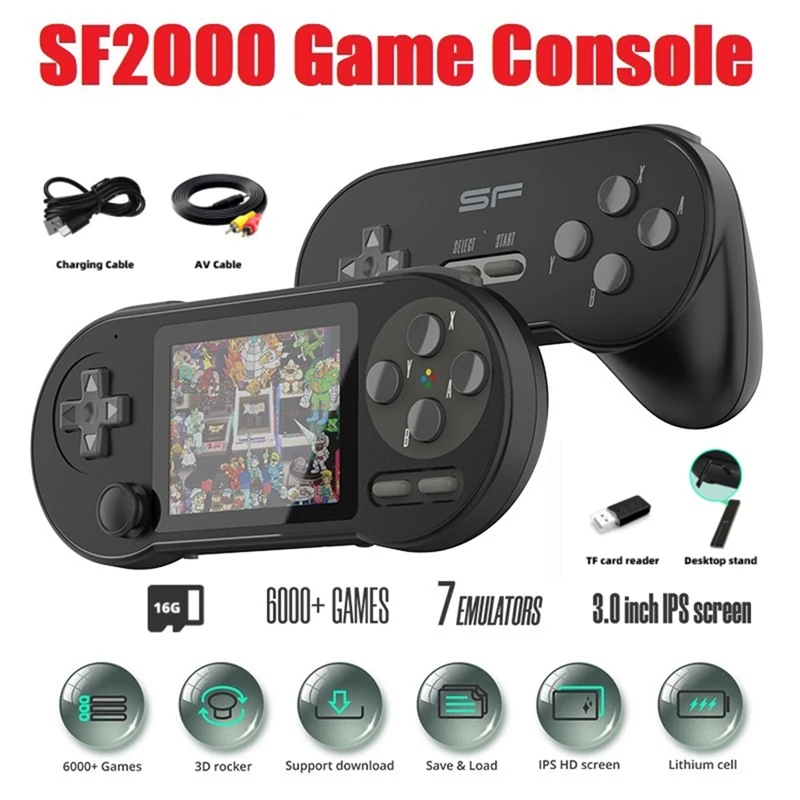 Портативная игровая консоль SF2000 с ручкой, 6000 встроенных игр, Классическая 3-дюймовая игровая мини-консоль с поддержкой AV-выхода