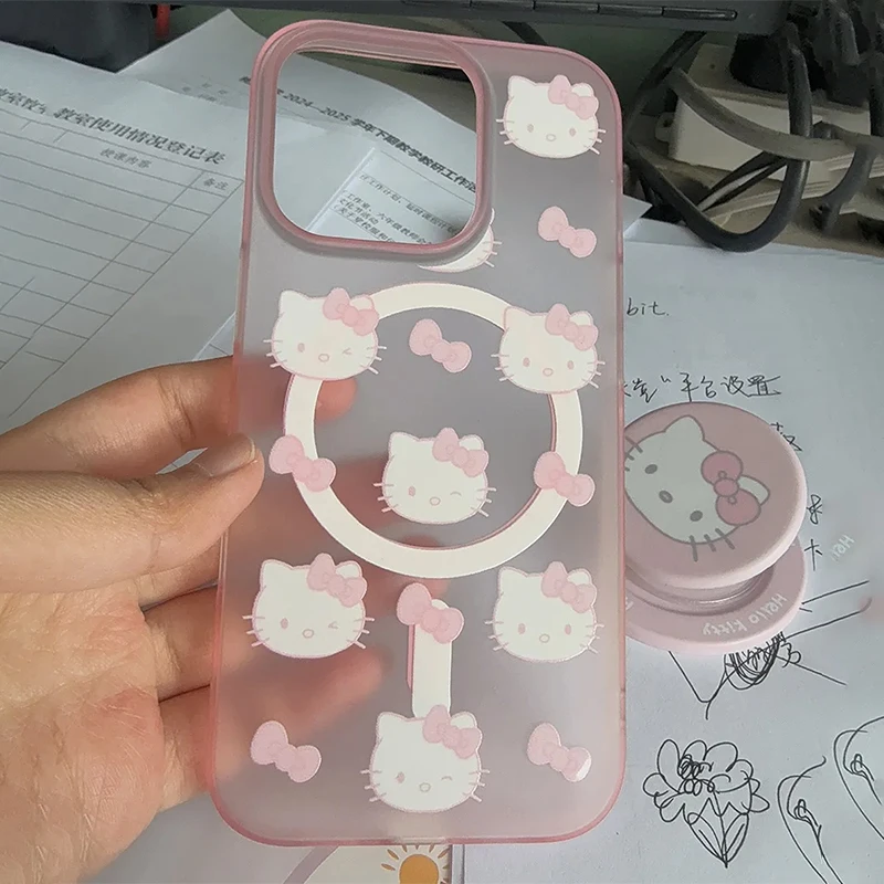 Фото Розовый чехол для телефона Hello Kitty подходит для Iphone 16, 15, 14, 13, Kawaii KT Cat, магнитная подставка, противоударный чехол для телефона, аксессуары в стиле аниме №4