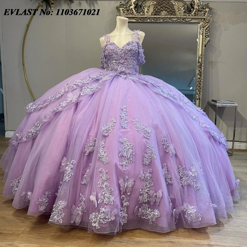 EVLAST блестящее Лавандовое Сиреневое платье Quinnceanera бальное платье 3D Цветочная аппликация искусственные милые платья 16 15 лет SQ652