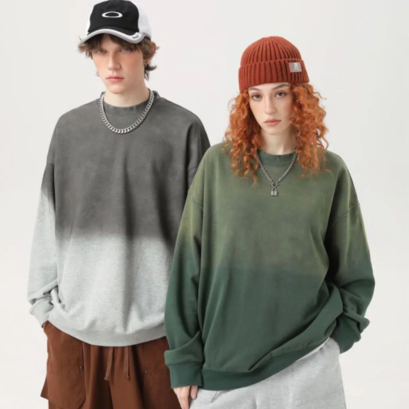 370 г Batick Washed большие толстовки с круглым вырезом, унисекс, брендовые качественные толстовки из плотного хлопка, однотонные повседневные топы с градиентом в стиле хип-хоп