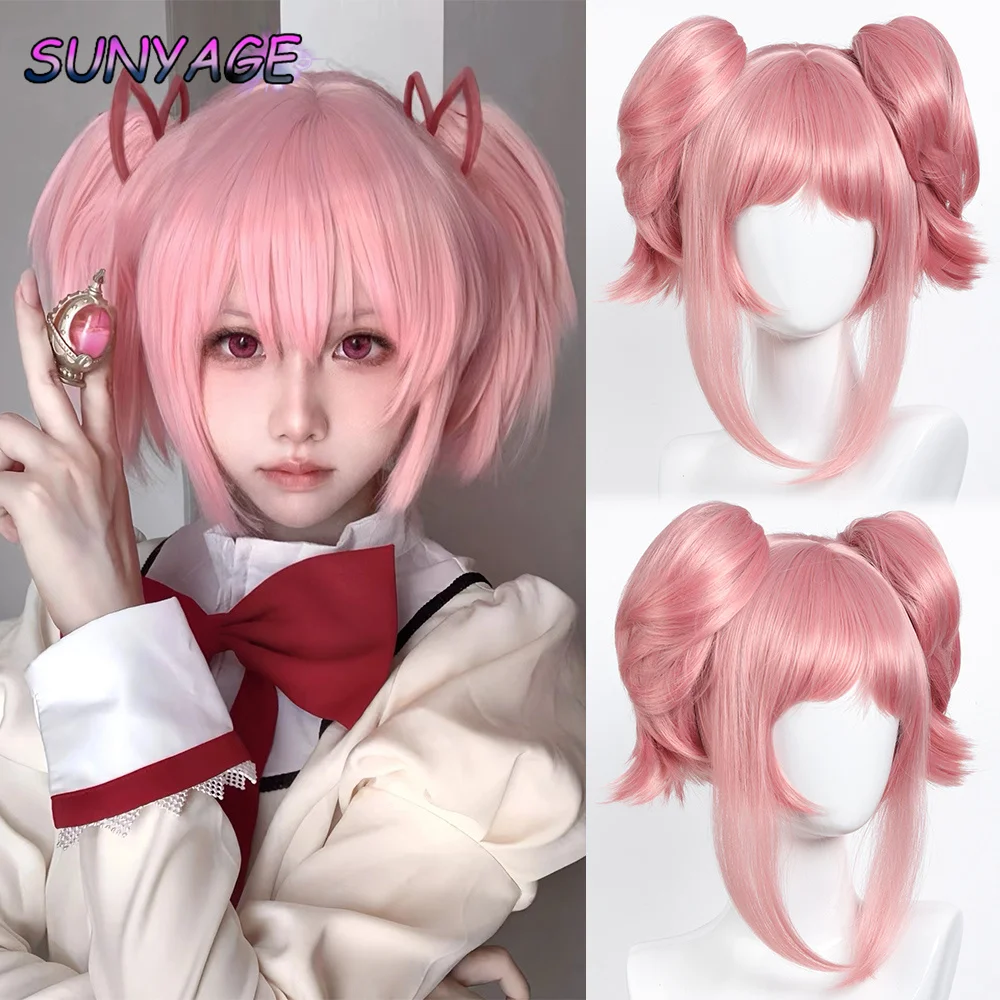 SUNYAGE Puella Magi Madoka Magica Madoka Kaname Косплей Парик Розовый Pendek 2 Klip Ekor Kuda Sintetis Tahan Panas Парик для волос
