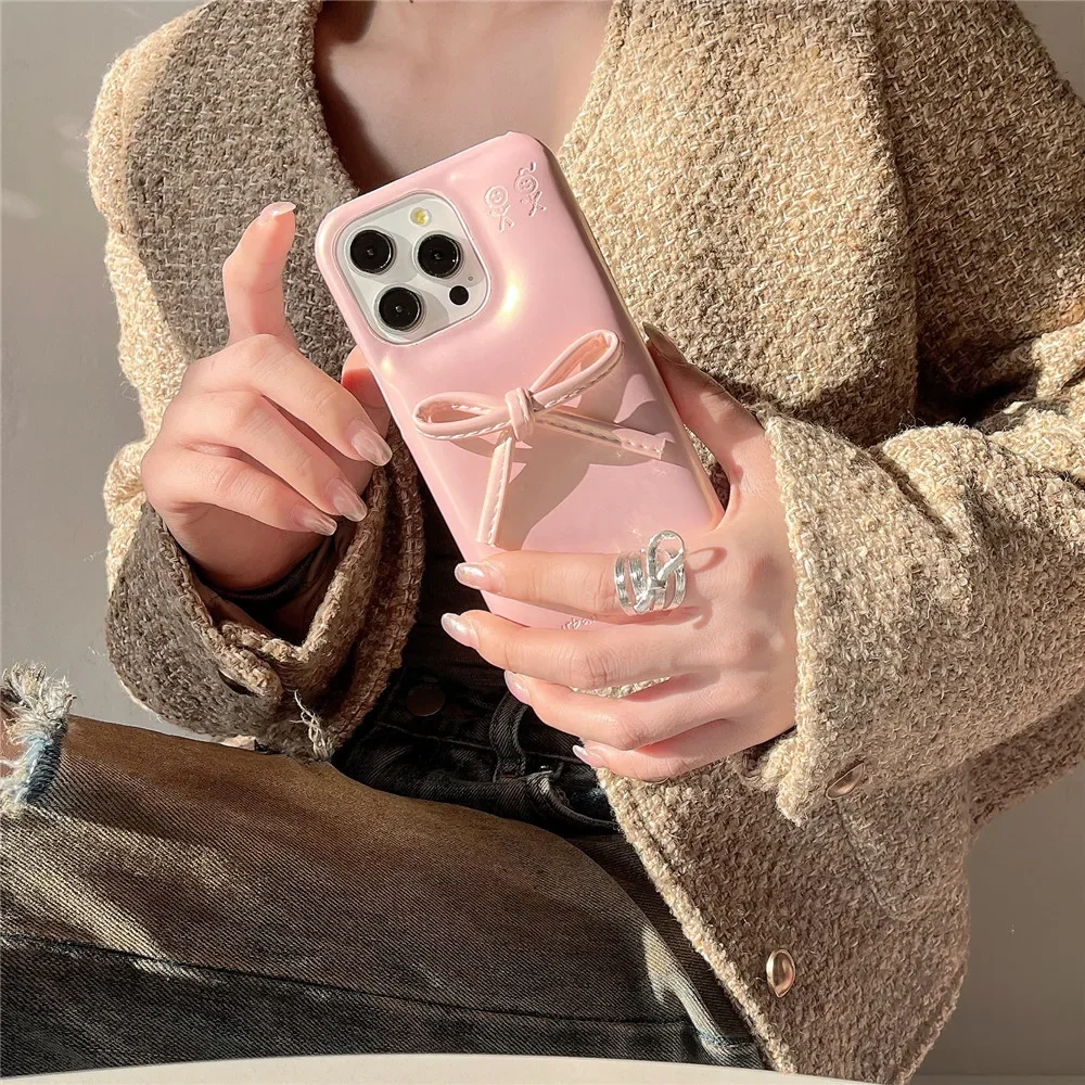Фото INS корейский винтажный красный кожаный чехол для телефона с 3D бантом для IPhone 15 14 13 16 Pro Max креативное глянцевое мыло мягкий чехол для девочек №3