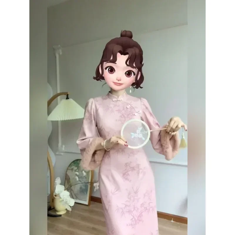 Осень-зима в китайском стиле, розовое, белое, бамбуковое, теплое платье Cheongsam, женское элегантное праздничное платье Qipao, большие размеры 2xl 3xl 4xl