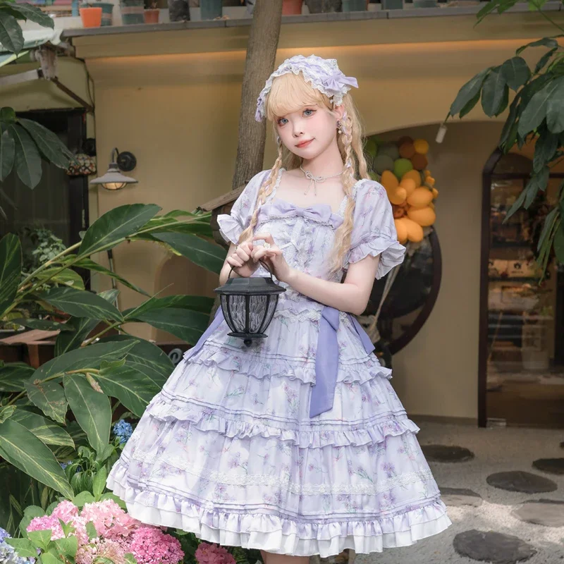 SOIOMES Лавандовое платье с цветочным принтом Kapok Girl Lolita Purple Love с коротким рукавом для похудения Элегантное платье Лолиты Свежее лето