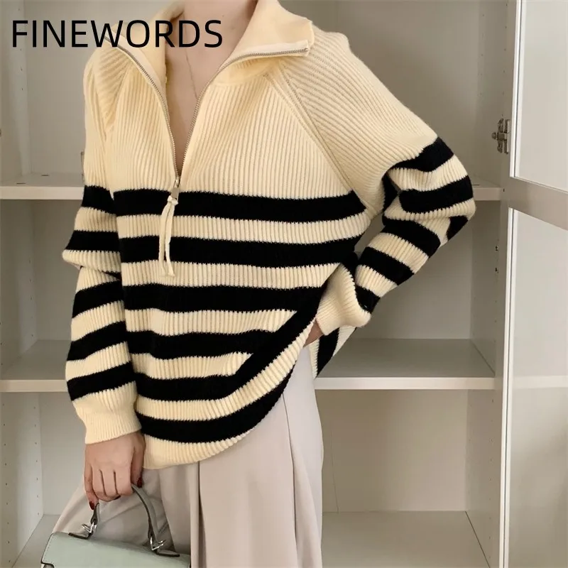 FINEWORDS винтажный повседневный зимний полосатый вязаный свитер женский корейский свободный уличный пуловер Easymatch джемпер с длинными рукавами