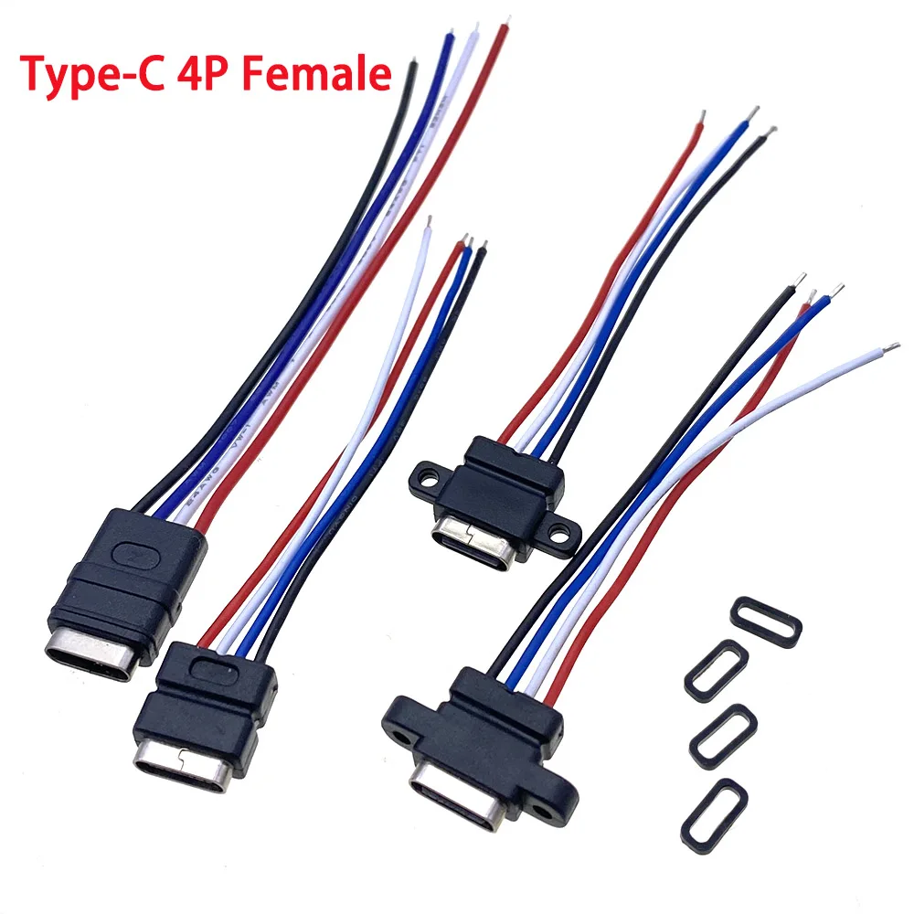 Alta Corrente Tomada de carregamento com anel de borracha, Conector f tekstoa impermeável Jack, Lado da orelha reta, Tipo C, 4Pin