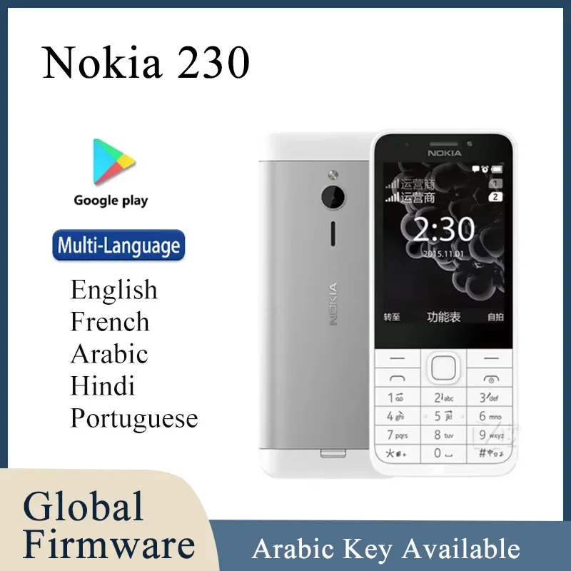 Телефон Nokia 230 с двумя SIM-версами, многоязычный, аккумулятор для фронтальной камеры, громкий телефон емкостью 1200 мАч, арабская клавиатура, б/у телефон