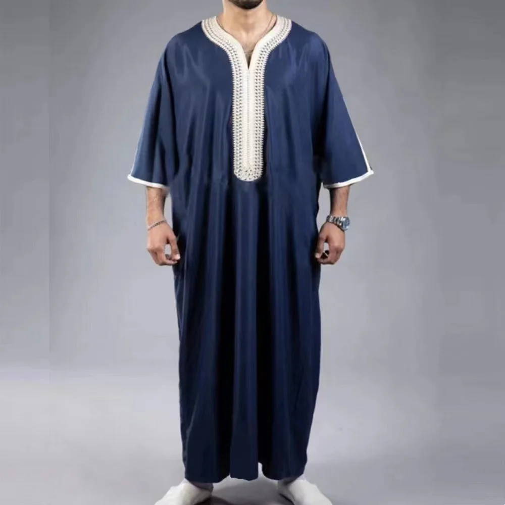 Модный мужской мусульманский халат Jubba Thobes в этническом стиле Jubah Lelaki Lengan Panjang Loose Casual V-образным вырезом со средним рукавом молитвенный халат Murah (art.: 3920ccdaf34b6) - 3920ccdaf34b6