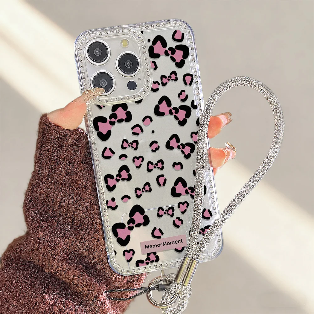 Фото Чехол с леопардовым принтом и прозрачным бриллиантом для iPhone 17 Pro Max Fundas iPhone 16 Pro 17 Air 15 14 13 12 11 с блестящими мягкими чехлами на ремешке для телефона №2