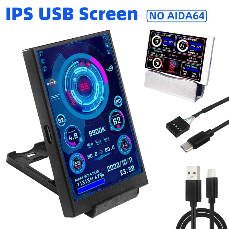 3,5 дюймовый IPS Type-C вторичный экран, мини-компьютер, USB дисплей, ЦПУ, GPU, оперативная память, с держателем, металлическая искусственная кожа, не использовать AIDA64