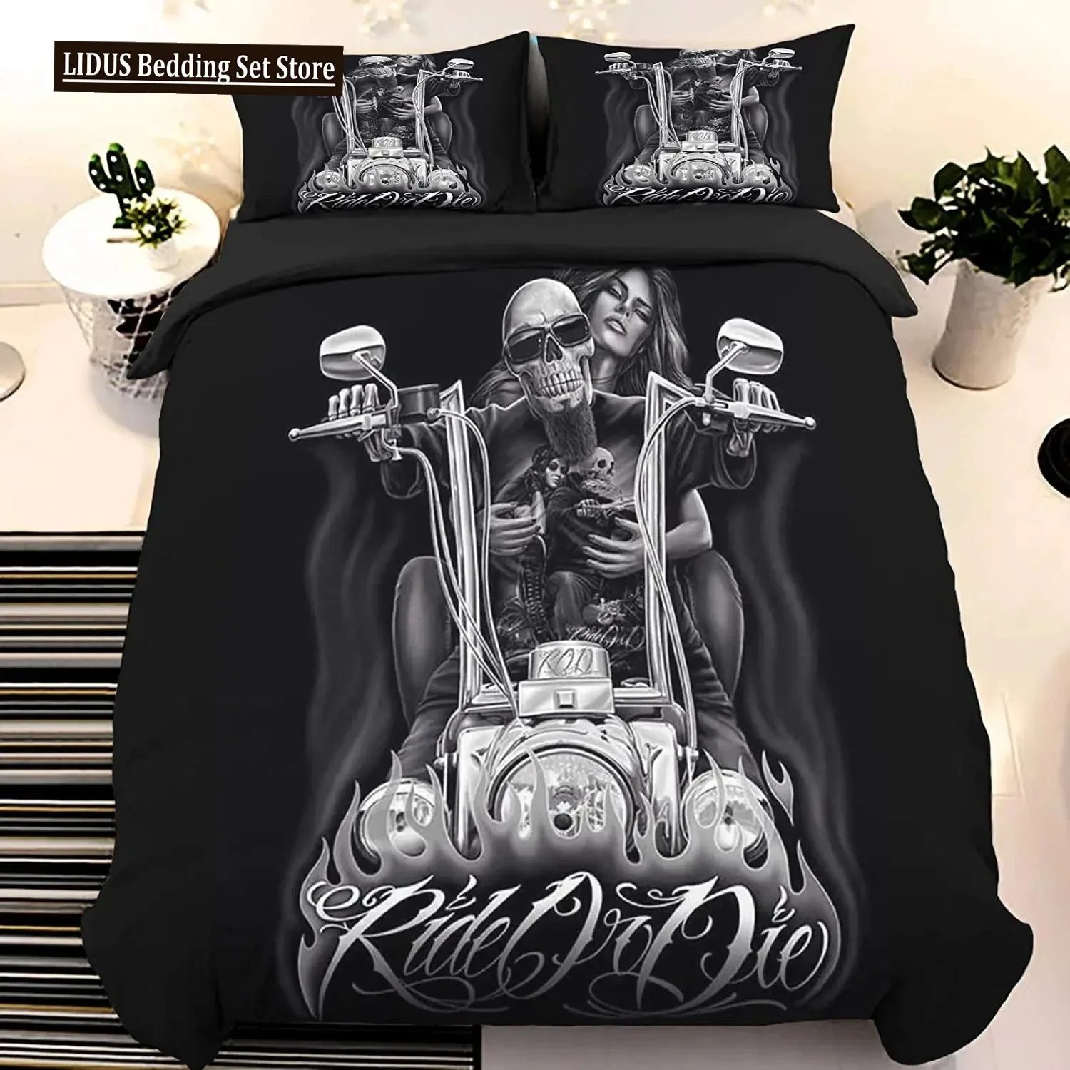 Skull Duvet Cover Set King, Skull Beauty Printed Duvet Cover Set Ride Or Die Motor Bedding Set,Corner Tipes Gothic Skull Bedding