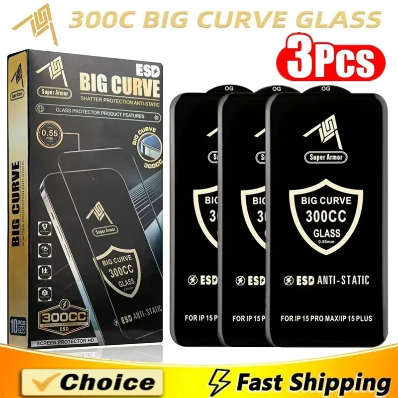 300CC Big Curve Tempered Glass for IPhone 16 11 12 13 14 15 Pro Max 16 Plus ESD Anti-Static Screen Protector for IPhone XR X XS