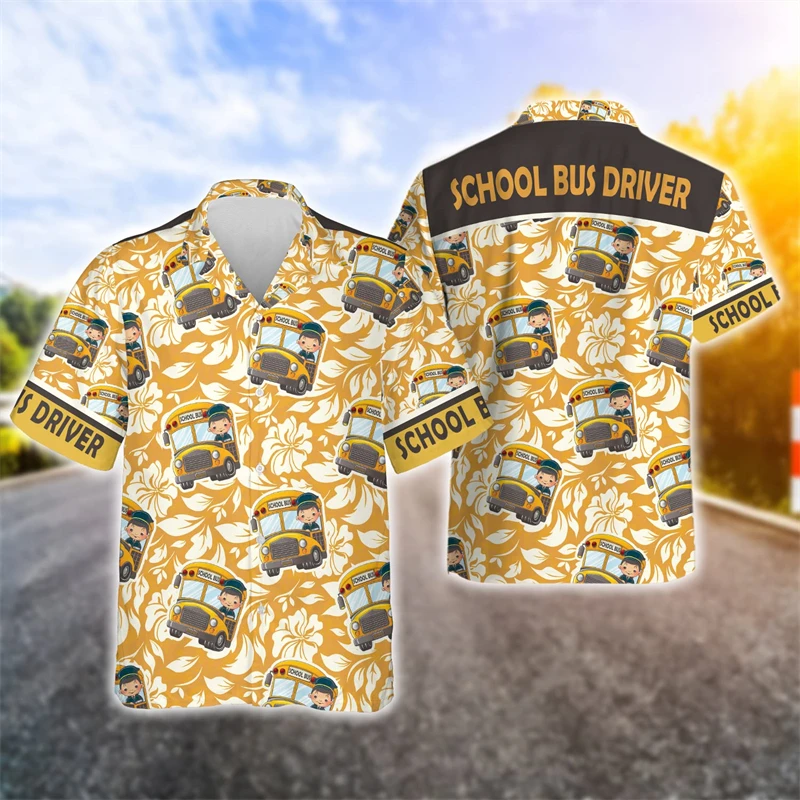Фото School Bus 3D Printed Shirts For Men Clothes Cartoon Car Driver Graphic Beach Shirt Funny Gift Aloha Lapel Blouse Hawaiian Tops №3