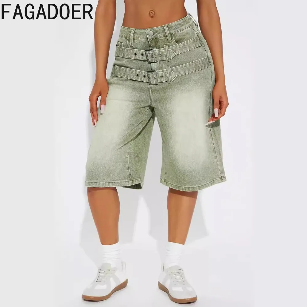 Зеленые джинсовые брюки FAGADOER Y2k, свободные прямые брюки до колена, женская модель, модная уличная одежда