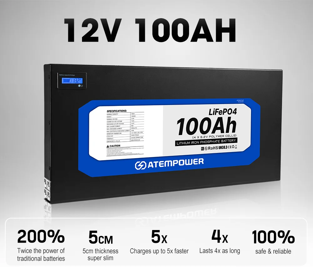 Фото Ультратонкая литиевая батарея глубокого цикла 5 см, 12 В, 100 Ач, Slimline Lifepo4, литий-ионная батарея для кемпинга на колесах 4X4 №2