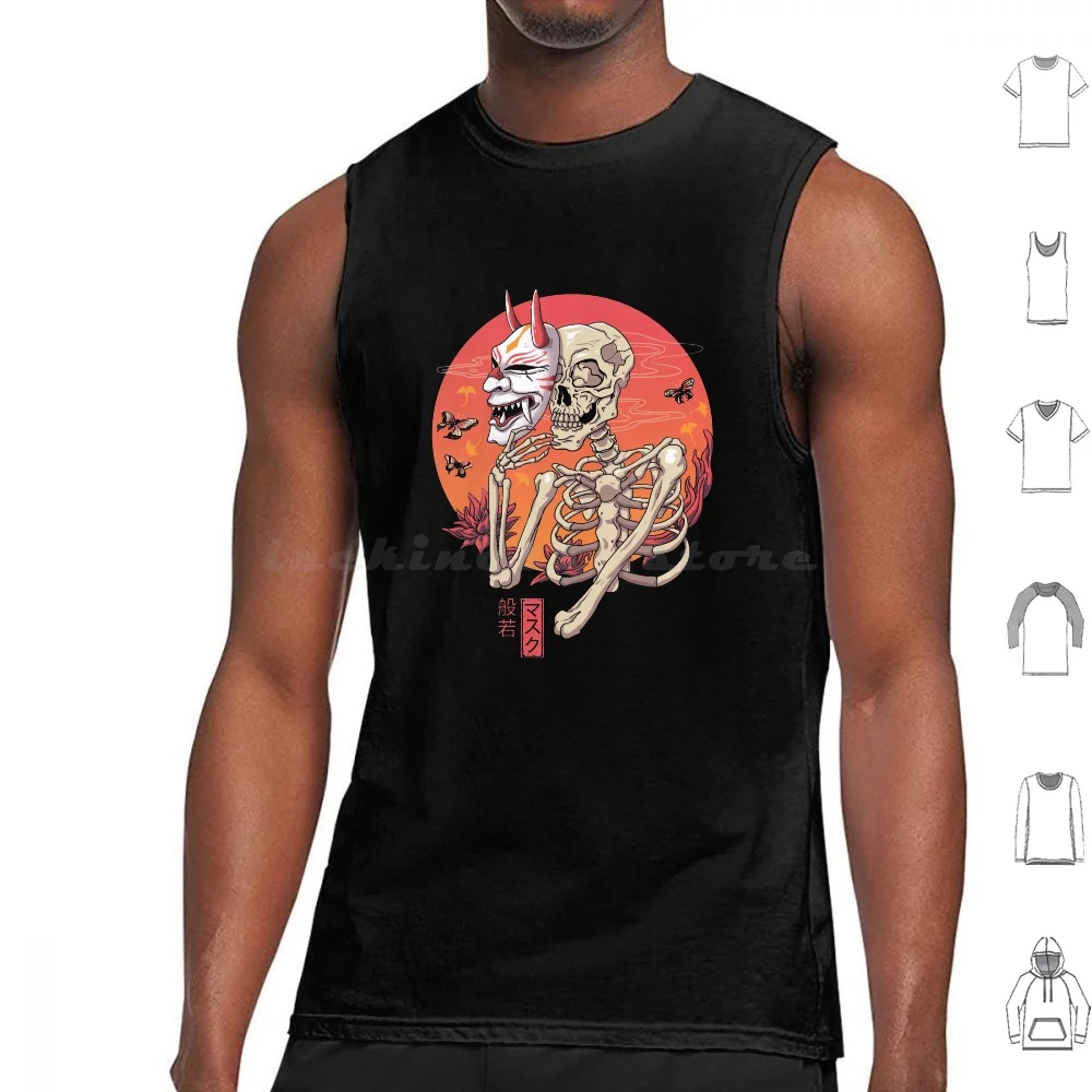 Hannya Yokai Mask Майки с принтом Хлопок Хэллоуин Yokai Spooky Skeleton Hannya Япония Японский ужас Японский