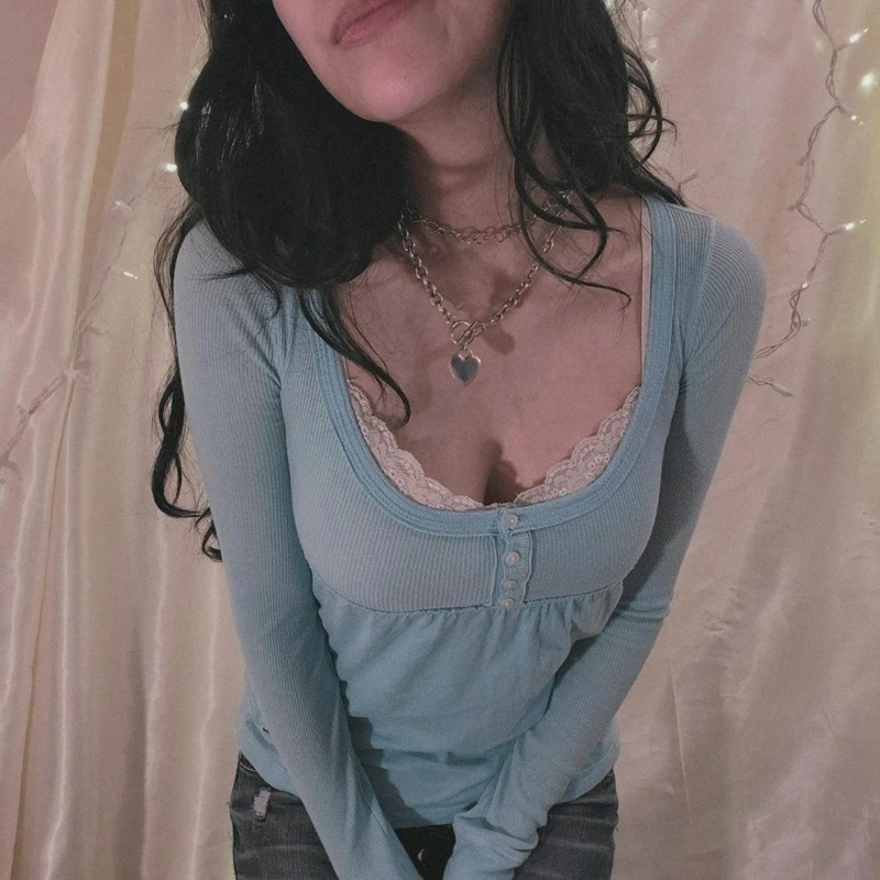 Укороченные топы Cyber Grunge 2000-х годов Y2k, винтажная футболка Babydoll, осенние футболки с квадратным воротником и длинными рукавами, женская одежда