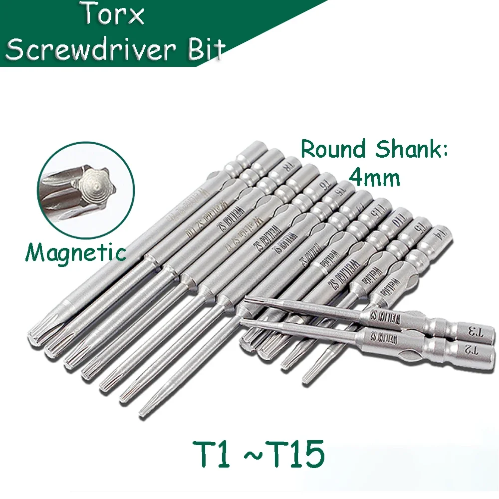 Отвертка Torx T1 - T15 Магнитный 4 мм с круглым хвостовиком S2, сталь, длина 40/60/80/100 мм, электрические биты для ремонта с пакетной головкой