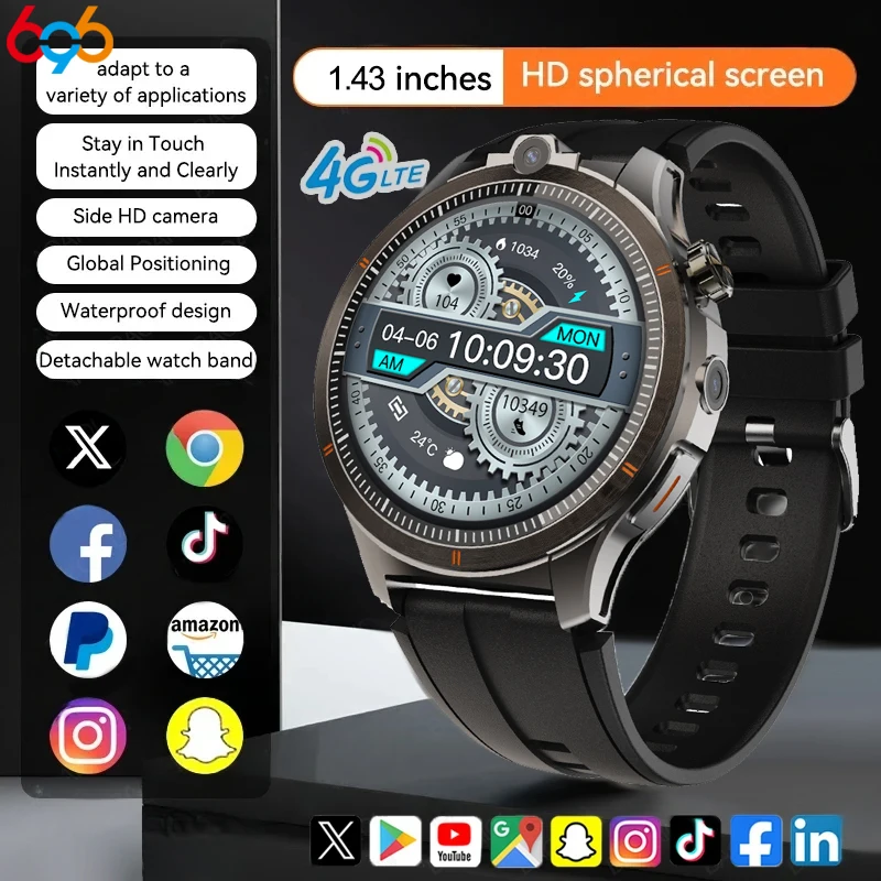 4G Смарт-часы для мужчин Видеозвонок 1,43 дюйма 466*466 AMOLED 2 ГБ + 16 ГБ ОЗУ Приложение Загрузка Смарт-часы для женщин 800 мАч Двойная камера GPS WIFI