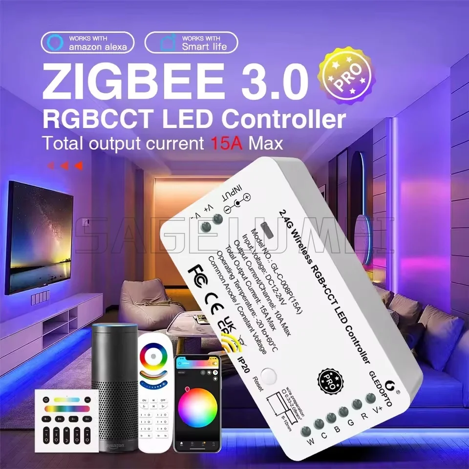 Умная светодиодная лента Контроллер Zigbee 3.0 GLEDOPTO RGBCCT Pro Совместимость с концентратором Приложение Tuya SmartThings 2,4G RF Дистанционное управление Голос (art.: 3920cfed319eb) - 3920cfed319eb
