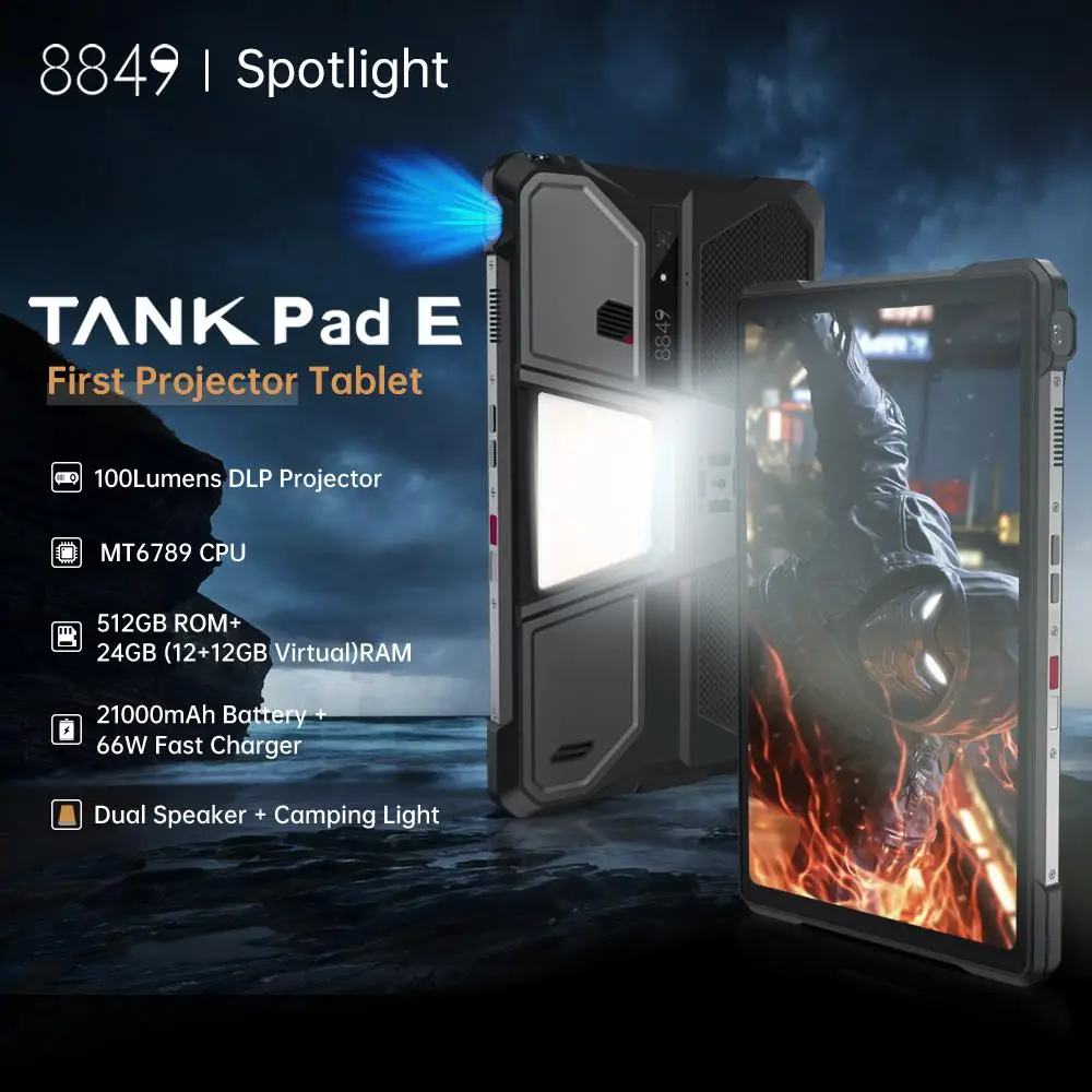 Прочный планшетный ПК Unihertz 8849 Tank Pad E с проектором 10,95 дюйма, 120 Гц, 12 ГБ, 512 ГБ, 21000 мАч, аккумулятор, 66 Вт, 32 МП + 50 МП, камера