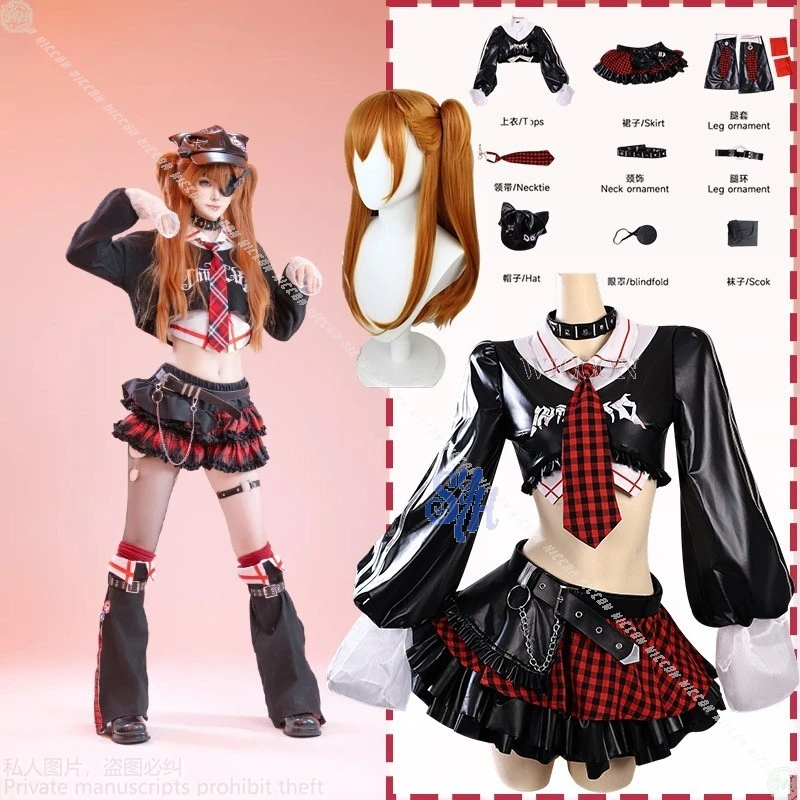 Костюм для косплея Asuaka Kawaii Jirai Kei, красный, черный клетчатый кружевной мини-юбка-тортик, шляпа с кошачьими ушками, готическая Лолита, Хэллоуин