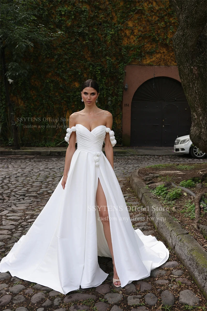 Фото SSYTENS новое атласное свадебное платье для женщин с цветами Vestido De Noiva Robe De Soiree невесты простое платья с открытыми плечами Vestidos De Fiesta №4