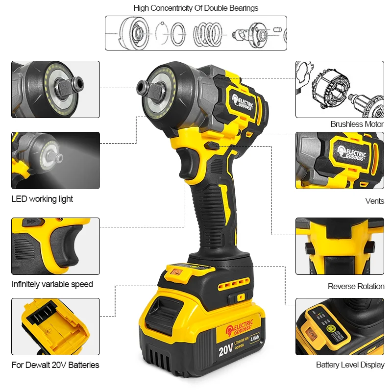 Фото Электрическая богиня 800N.M, бесщеточная для батареи Dewalt 20 В ﻿ Электрический ударный гайковерт Аккумуляторный многофункциональный электроинструмент №4