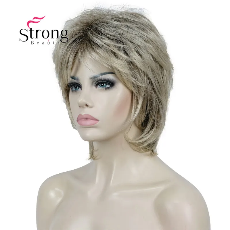 Фото StrongBeauty Lady Ombre Блондинка с темным корнем Короткие каскадные слои Полный парик Парики из синтетических волос для женщин №2