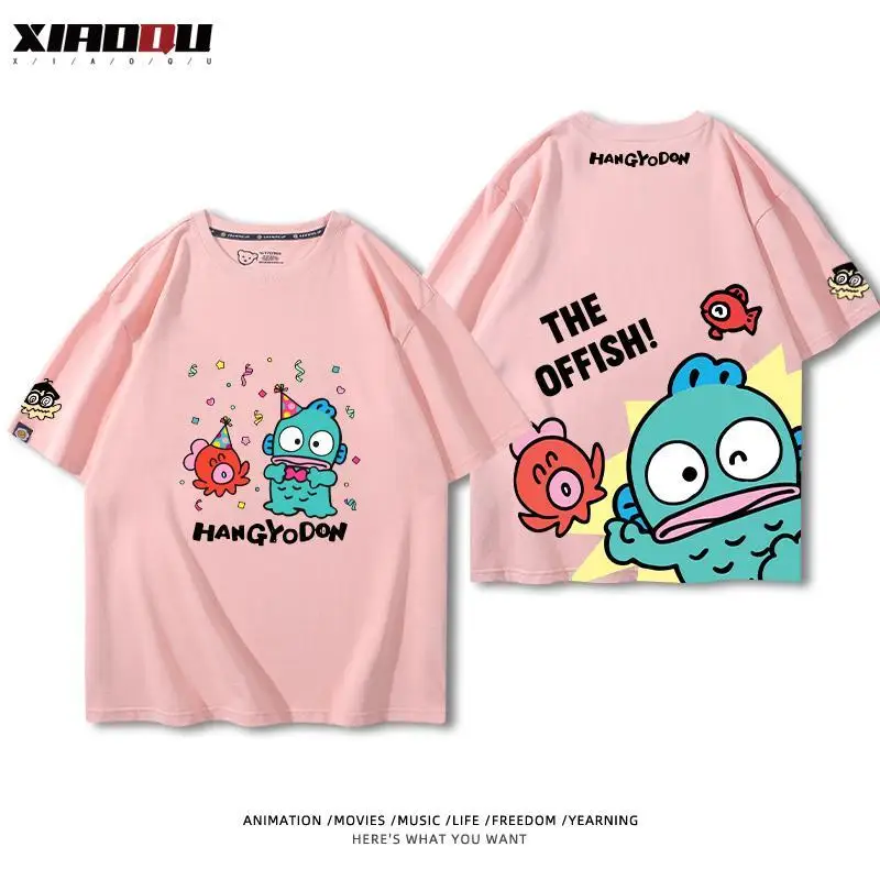 Фото Футболка Sanrio Hangyodon с короткими рукавами, фирменная периферия для мужчин и девочек, студенческая универсальная хлопковая детская одежда, летняя одежда №4