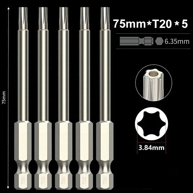 Набор отверток Torx с шестигранным хвостовиком 1/4 дюйма, магнитные сверла 75 мм T10, T15, T20, T25, набор сверл с защитной головкой Torx, сталь S2 Ручные инструменты
