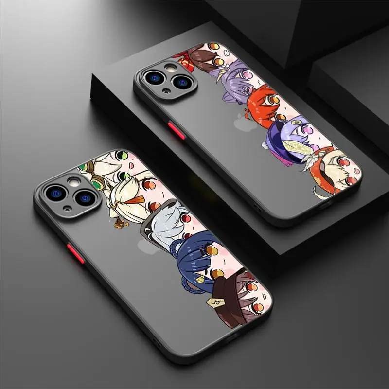 Милый аниме чехол Genshin Impact для Apple iPhone 15 11 14 13 12 Pro 7 XR X XS Max 8 Plus 6 6S SE 2022 15Pro, черный телефонный чехол