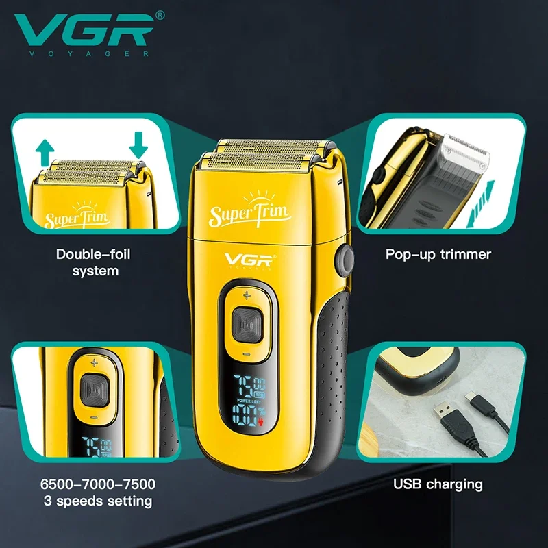 Фото VGR 3-скоростная перезаряжаемая электробритва для бороды для мужчин, бритва для волос, машина для бритья лысины, инструмент для отделки с дополнительной сеткой №2