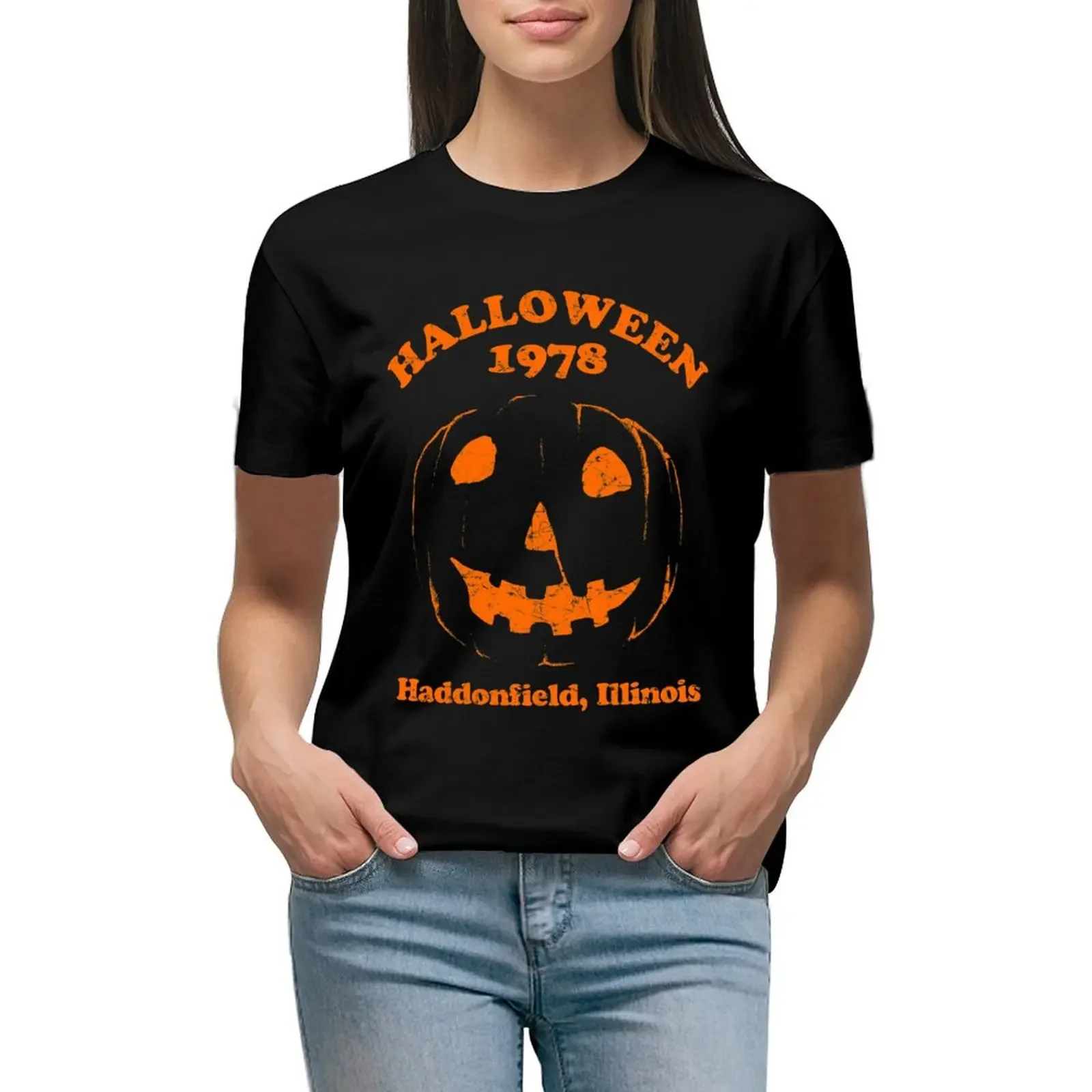 Хэллоуин 1978, праздничная футболка Spooky Myers с тыквой Haddonfield, забавные рубашки, футболки с рисунком, блузка, женская одежда
