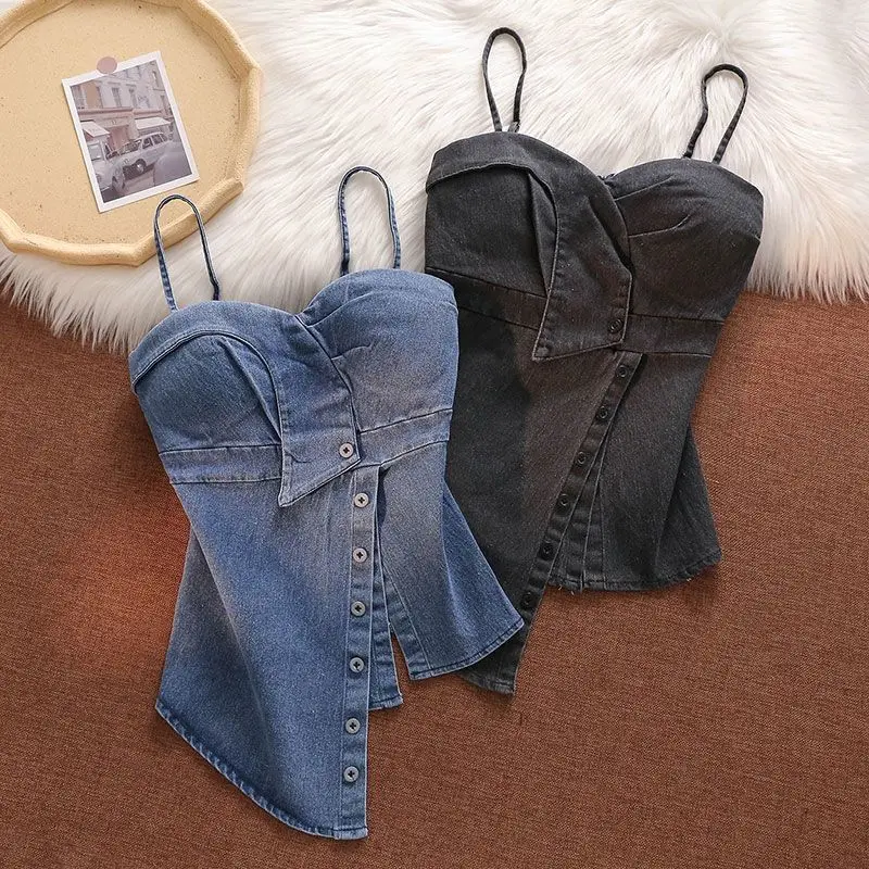 Y2K Tank Top Woman Pure Desire Сексуальный джинсовый жилет Женская нагрудная подушка Асимметричный облегающий однотонный топ на подтяжках с завязками на талии Футболки и топы